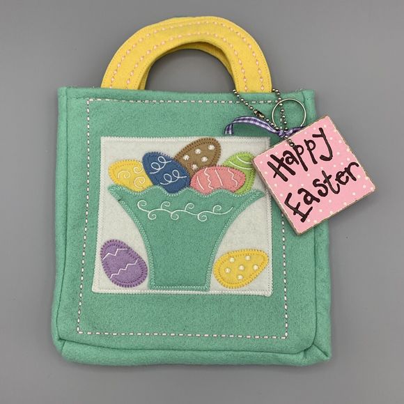 Embroidered Felt Easter Bag Eggs Happy Easter Wooden Tag Green Yellow Pink Blue - Picture 1 of 7
